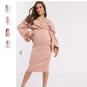 Maternity fallen shoulder pleated puff sleeve pencil midi dress in rose